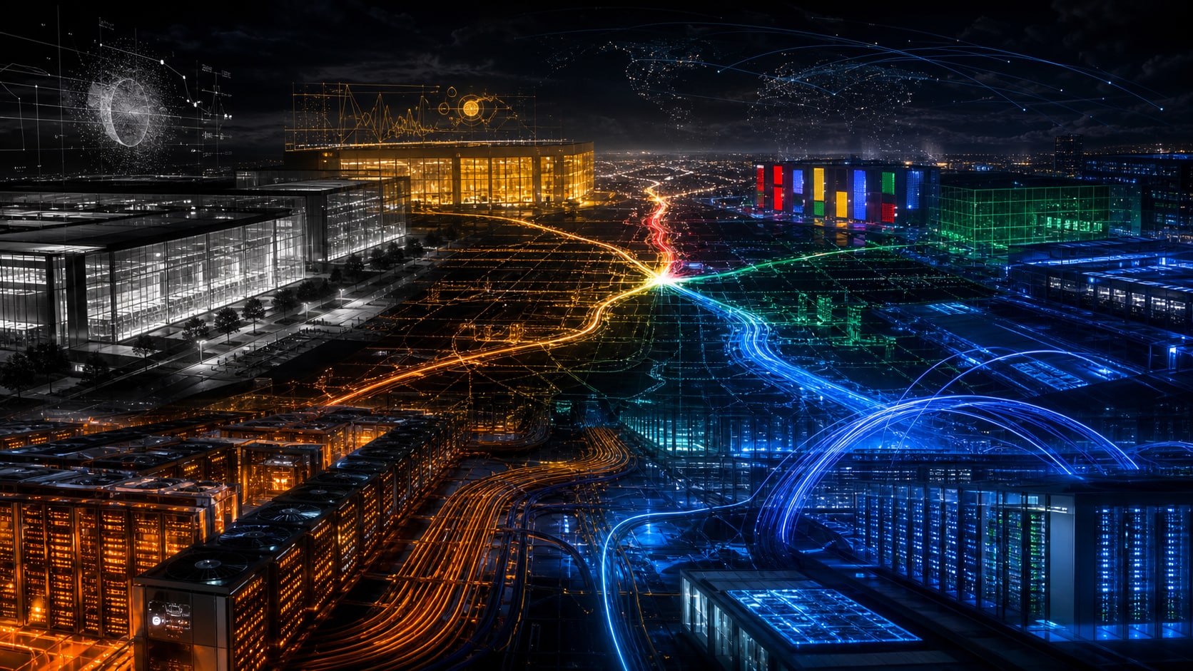 AGI race cinematic editorial cover showing competing AI infrastructure and intelligence platforms