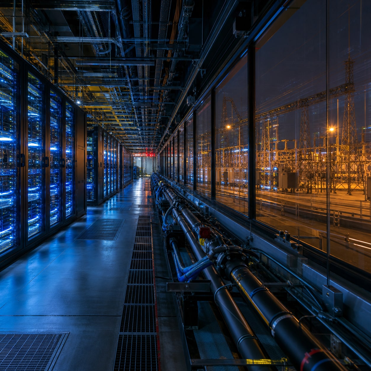 AGI race data centre corridor showing energy and compute pressure