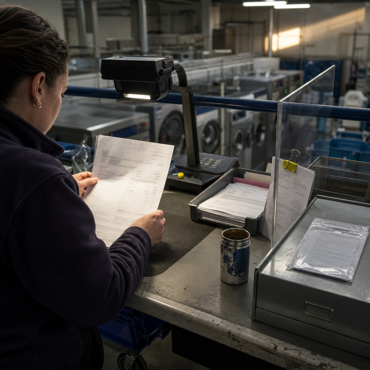 A finance coordinator reviews a blurred supplier invoice beneath a document camera in a commercial laundry