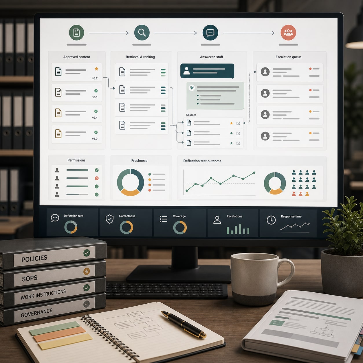 AI knowledge base workflow retrieving approved SOP sections before answering staff