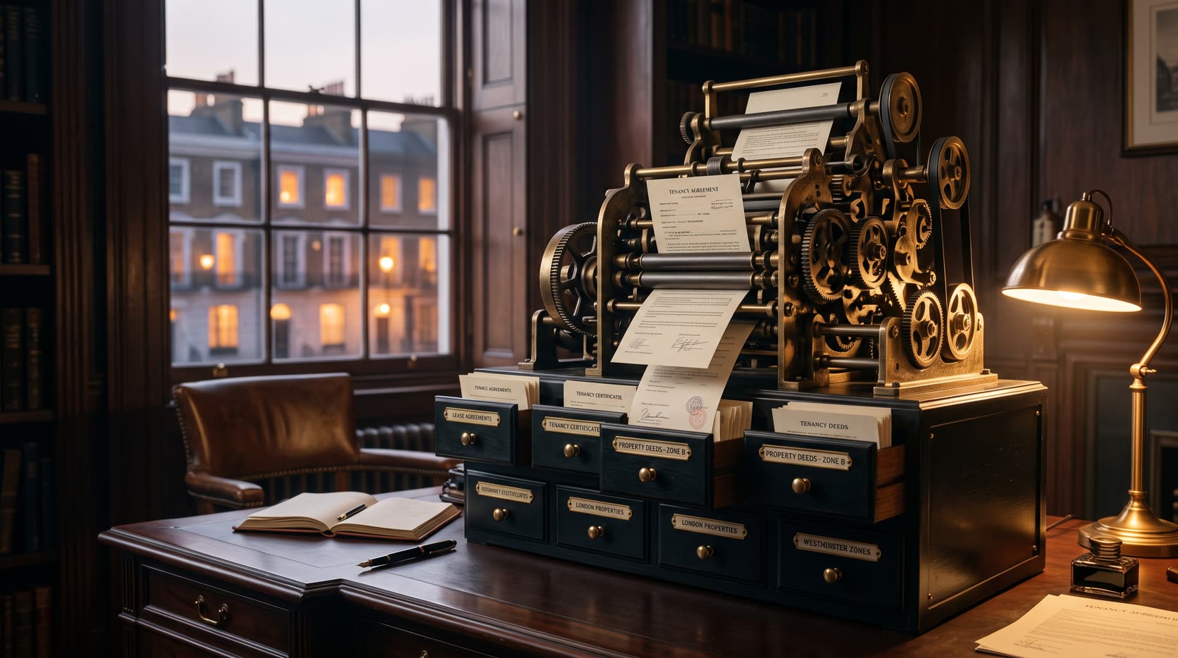 AI property management UK, shown as a brass tenancy-sorting machine filing papers beneath a row of terraced house models at dusk