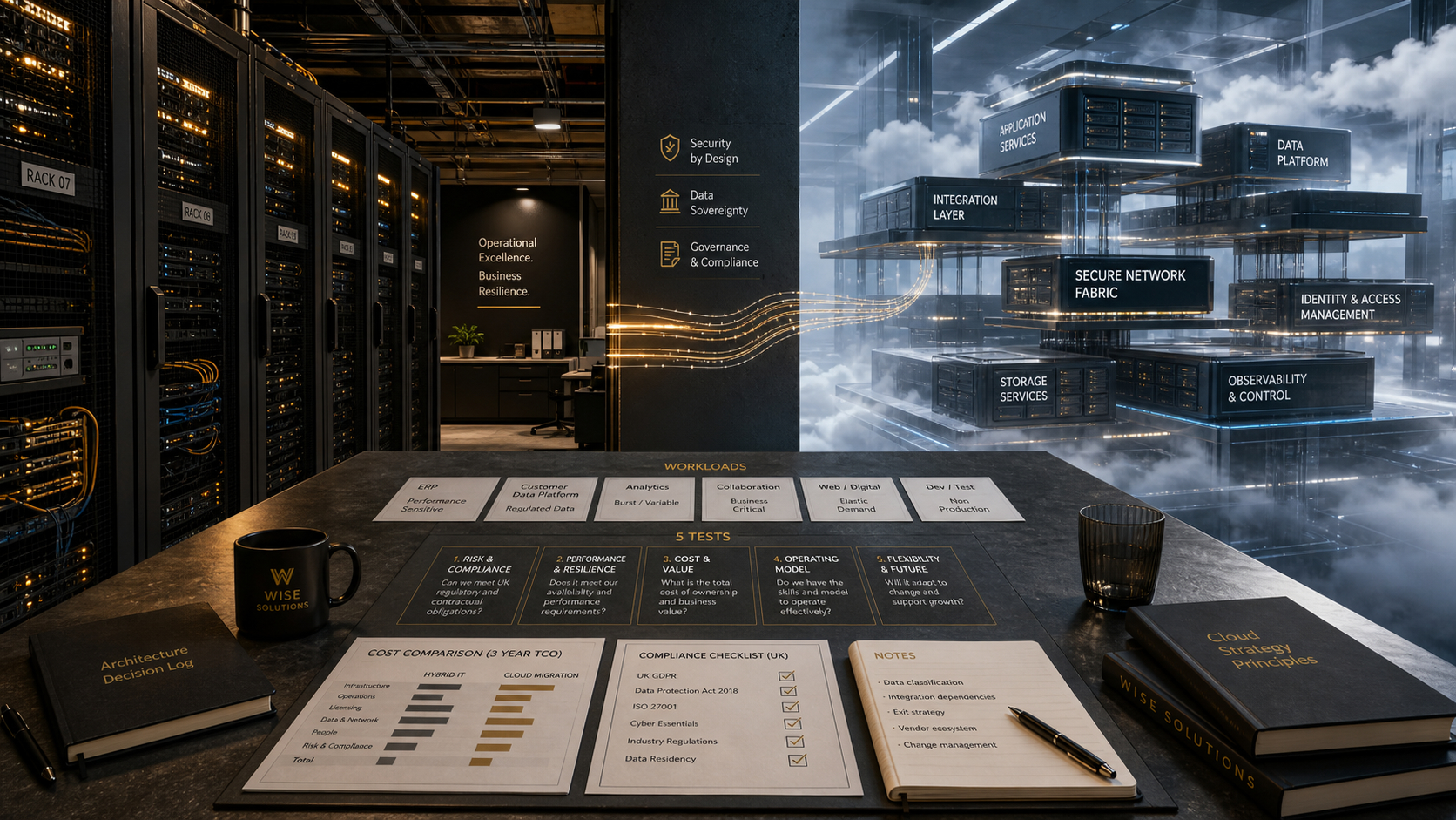 Editorial split-environment scene showing hybrid IT across on-prem servers and cloud infrastructure for a UK firm