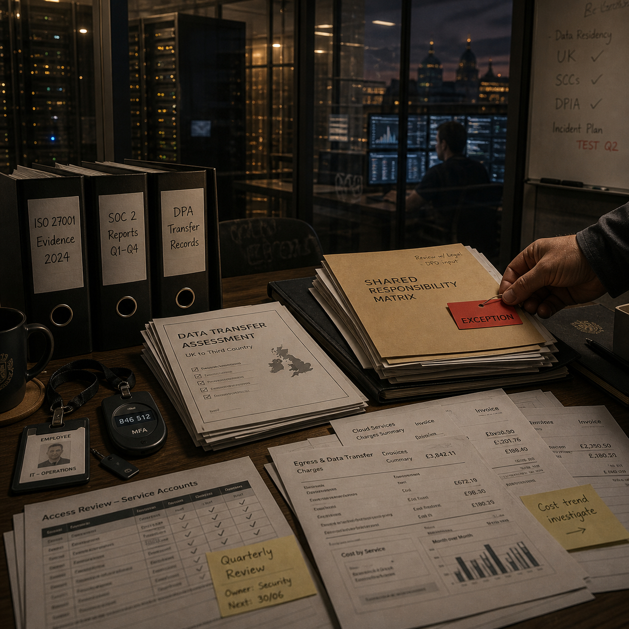 Governance evidence table showing hybrid IT compliance, identity control and shared operational risk
