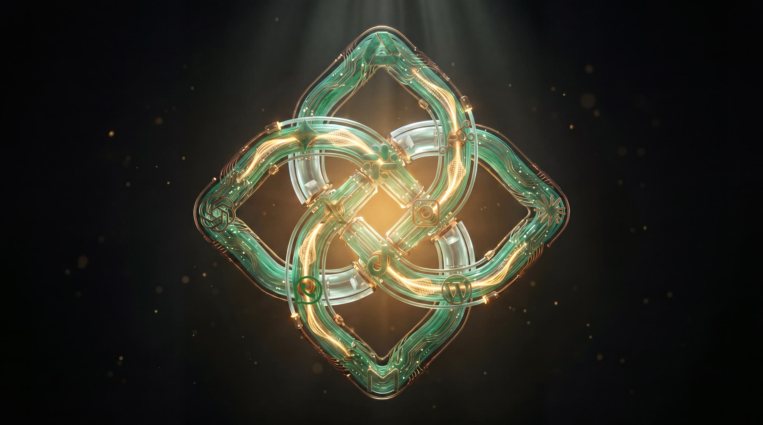 WiseSolutions Celtic knot brand mark interwoven with the apps and tools we connect for UK businesses.