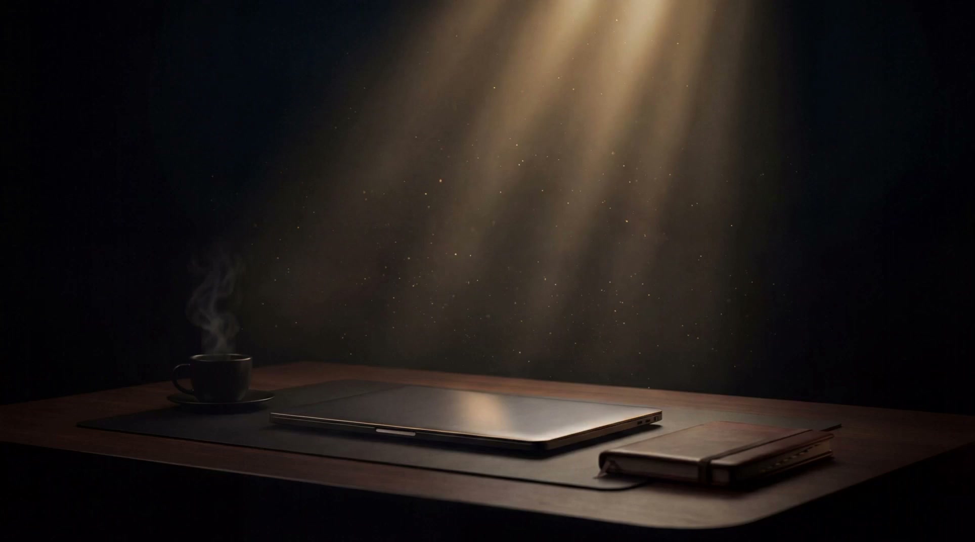 WiseSolutions AI automation agency hero: a closed laptop on a workspace lit by warm morning light.